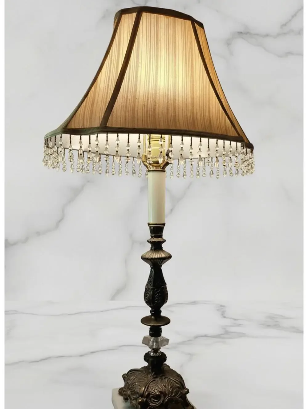 Vintage Brass Marble Claw Foot Table Lamp with Beaded Fringe Shade